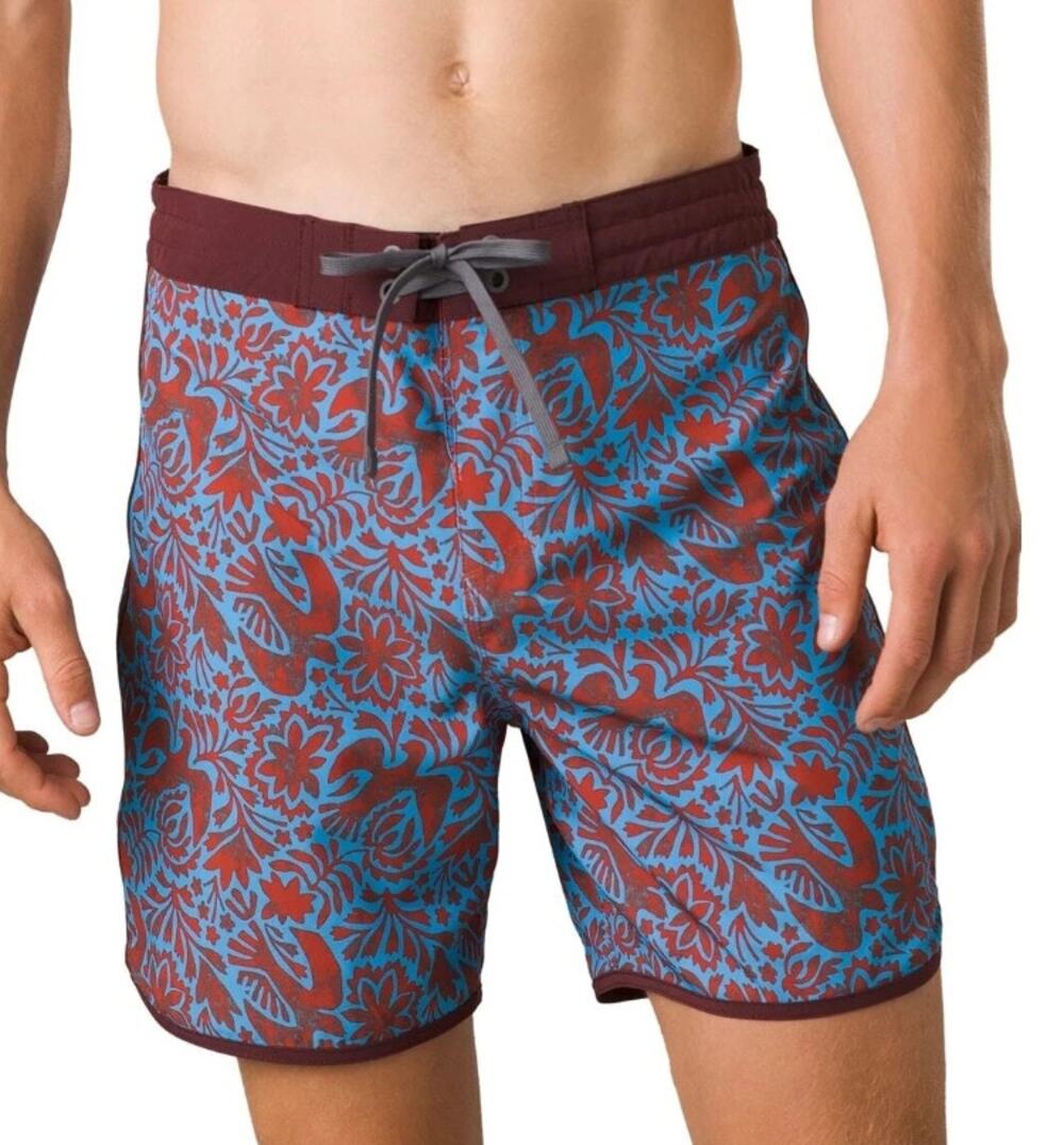 PRANA Mens Vintage Board Shorts Large Size 35 Blue Red Flora Fauna 6" Inseam NWT